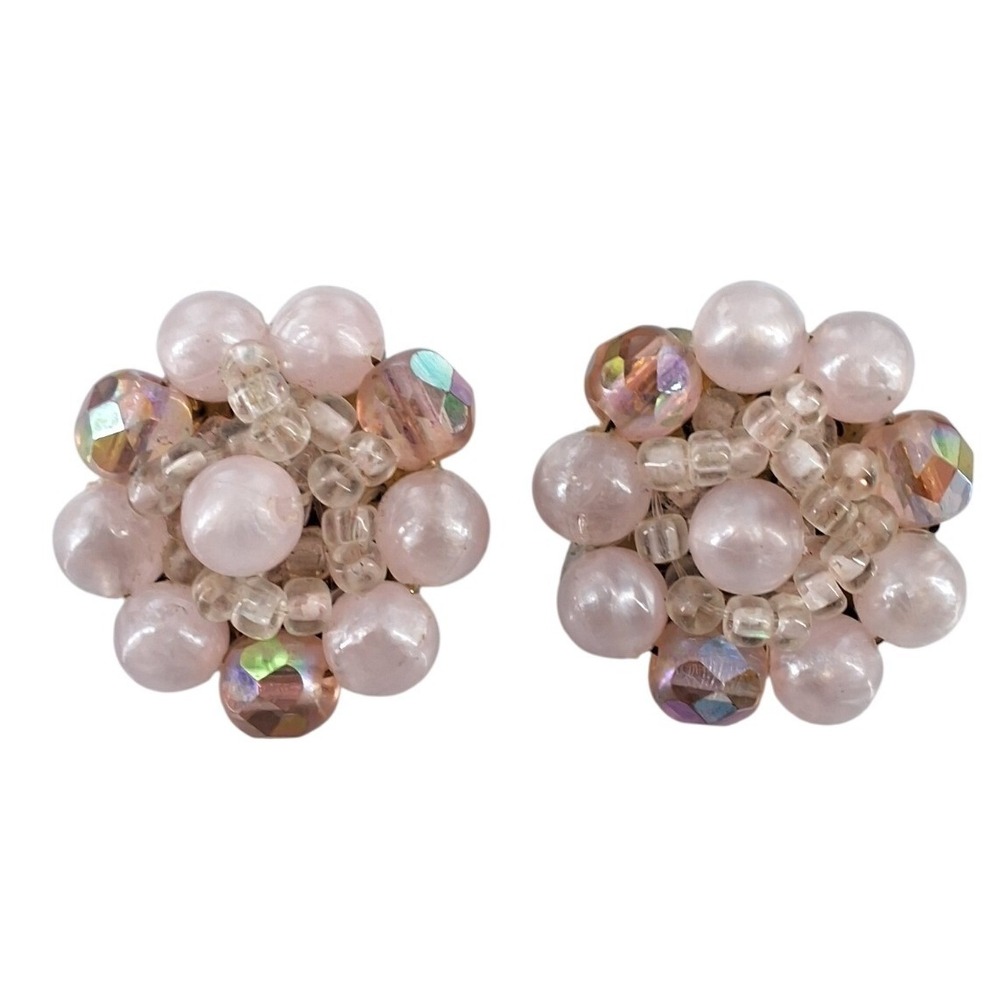 Vintage West Germany Pink Faux Pearl & AB Crystal Cluster Clip On Earrings